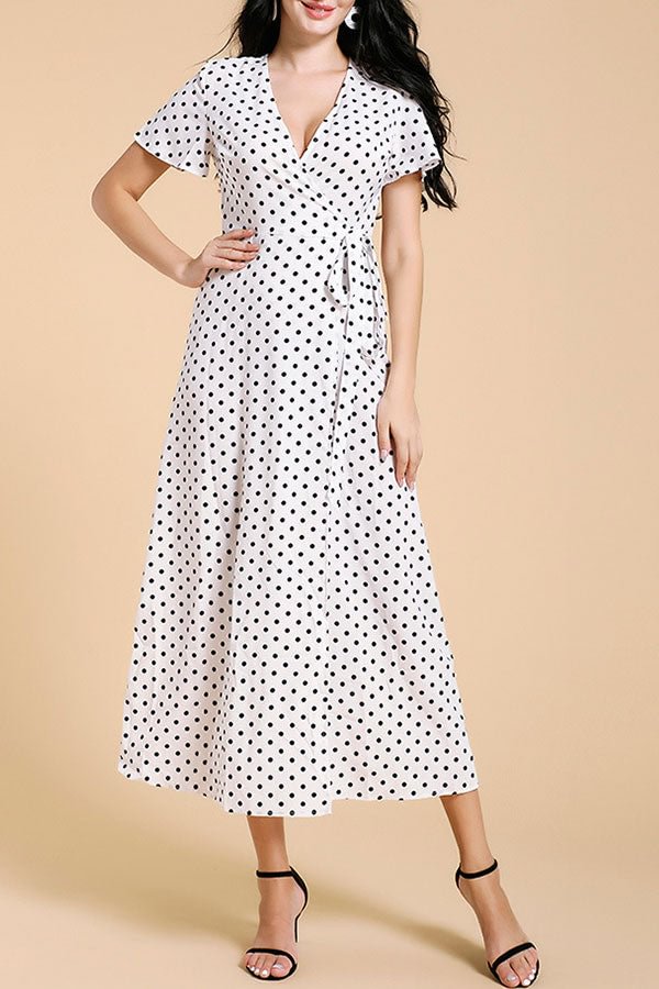 V-neck Lace-up Polka Dot Midi Dress - BlackFridayBuys