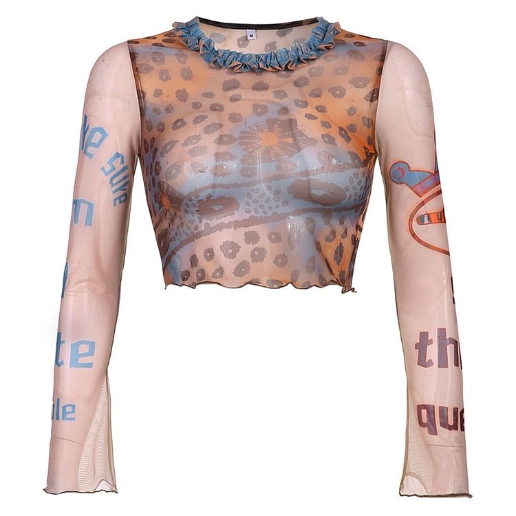 Harajuku Print y2k Mesh Crop Tops Women Streetwear Lace Patchowrk Khaki Aesthetic Shirts Skinny Fashion Tees Cloth Cuteandpsycho - BlackFridayBuys