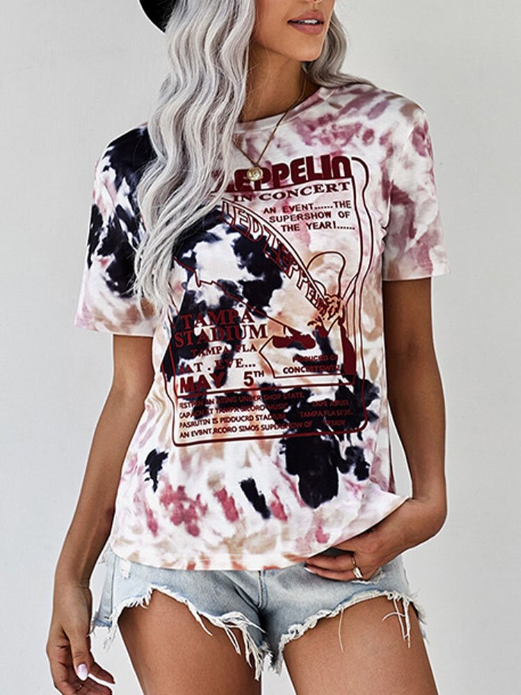 Tie dye Letters Print Short Sleeve O neck T Shirt For Women P1840107