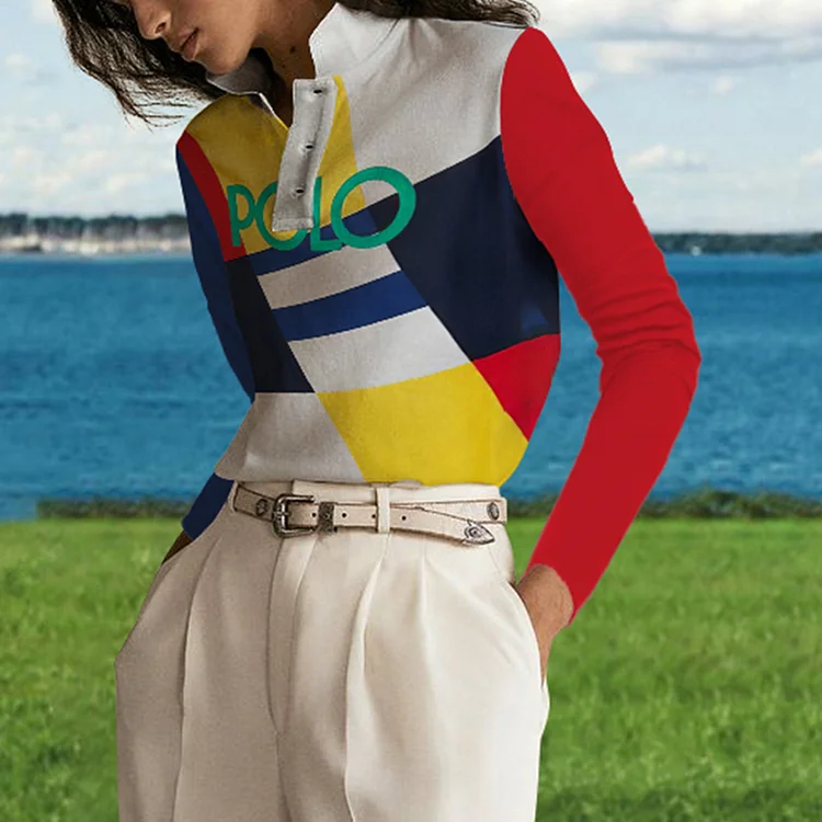 Vefave Irregular Color Block Print Long Sleeves Polo Shirt