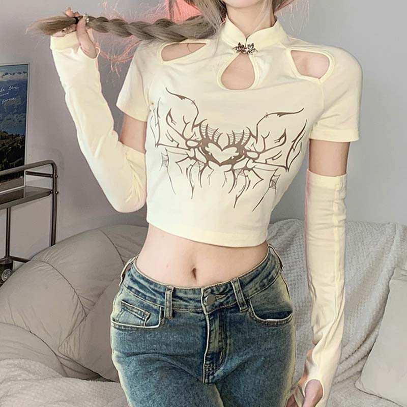 Fashion Spider Print Hollow Out Crop Top T-shirt