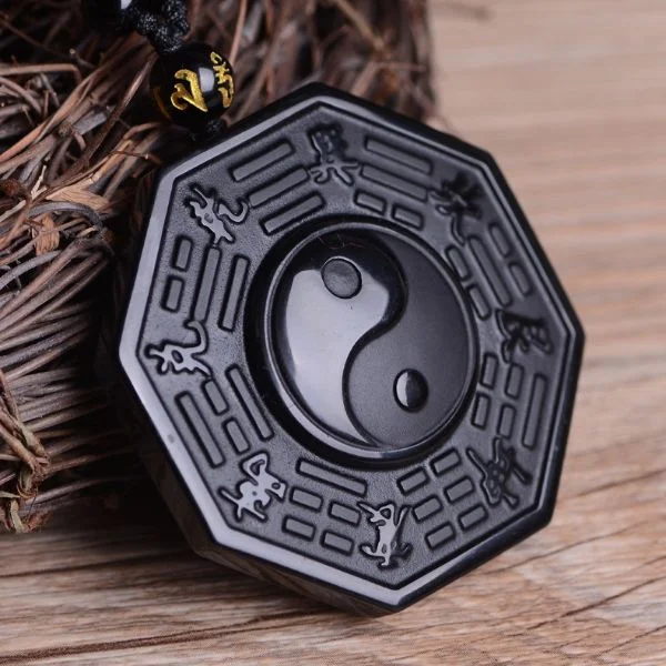 Natural Black Obsidian Qiankun Bagua Pendant Necklace