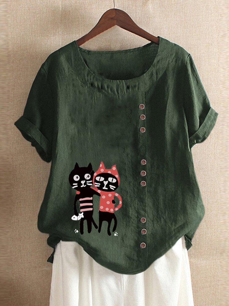 Cartoon Cat Printed O Neck Short Sleeve Casual T shirt P1709944
