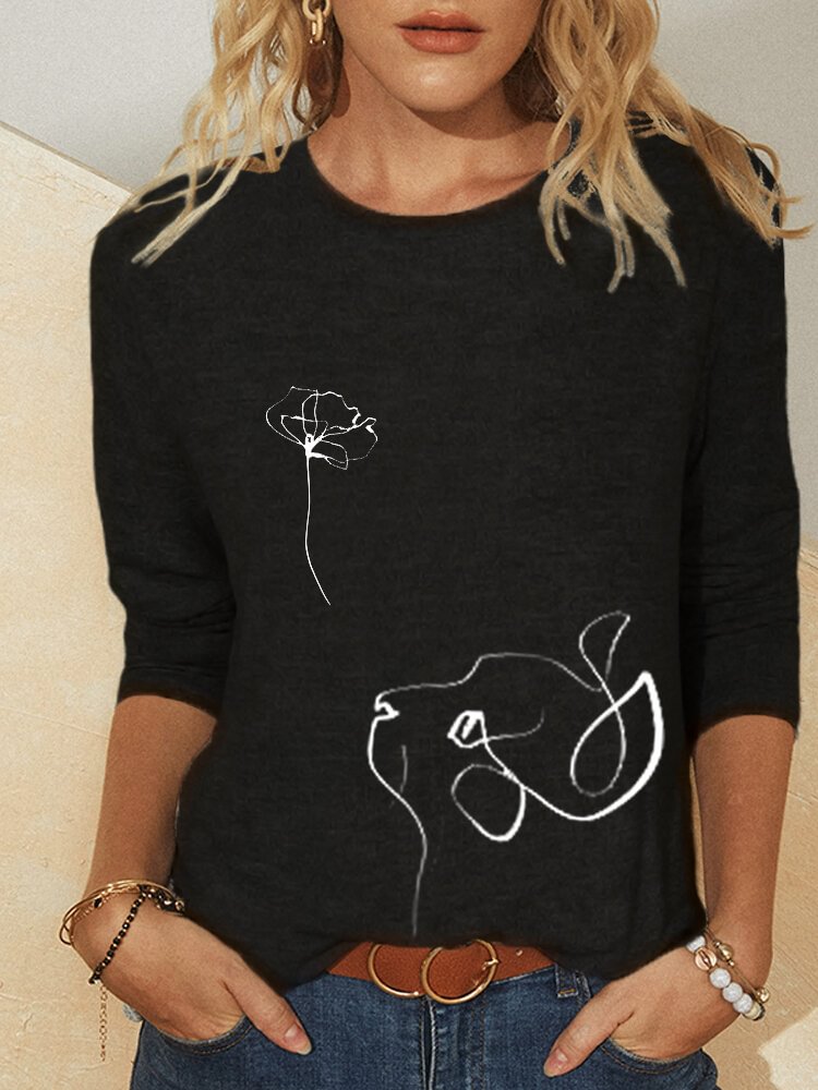 Cat Flower Print O neck Long Sleeves Casual T shirt For Women P1788198
