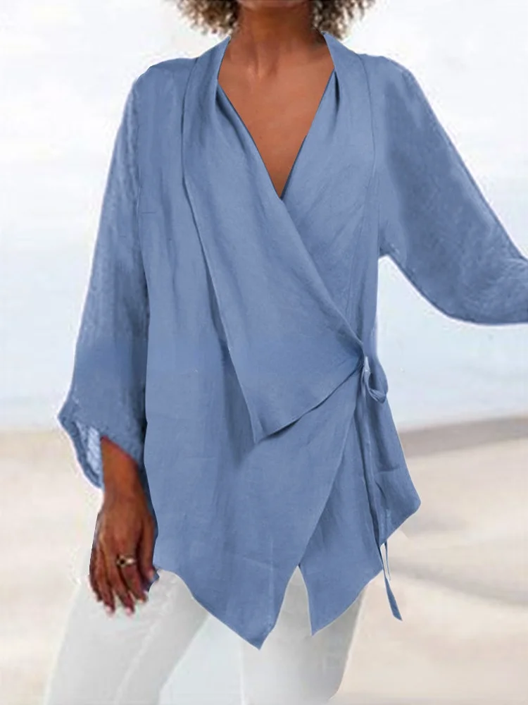 Solid Color Lace Up Irregular Hem Cotton Linen Women's Casual Top
