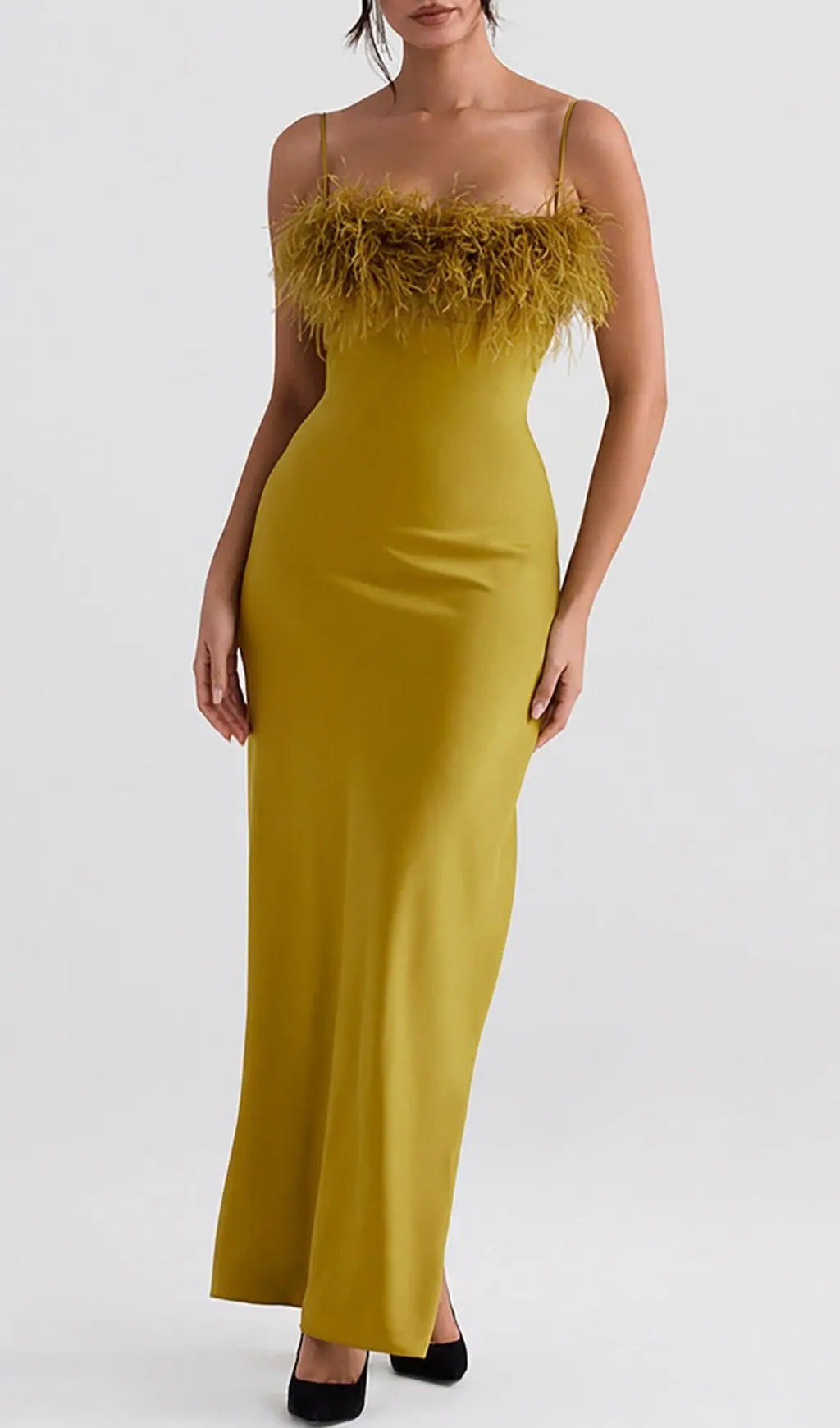 FASHIONSLEE CHARTREUSE STRAPPY FEATHER-TRIM MAXI DRESS