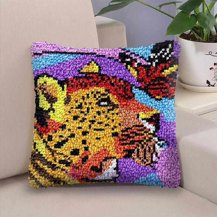 Leopard & Butterfly Encounter Latch Hook Pillow Kit for Adult, Beginner and Kid veirousa