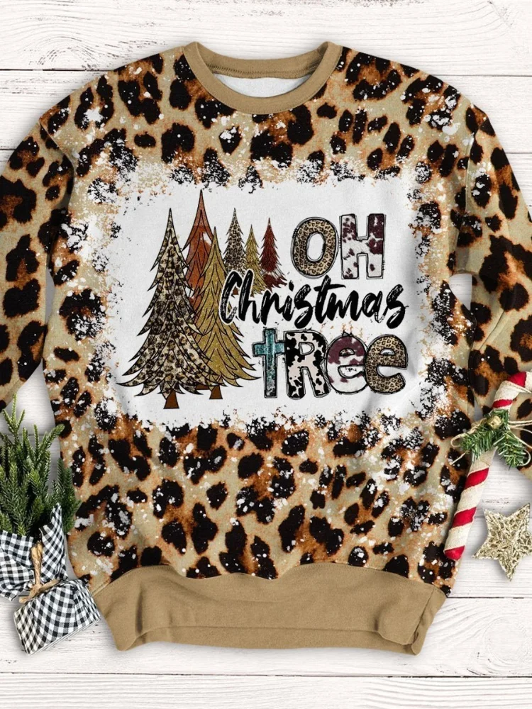 Vefave Oh Christmas Tree Cross Leopard Print Sweatshirt