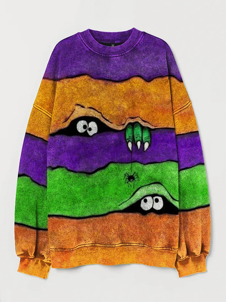 Broswear Halloween Peeking Monster Colorblock Washed Sweatshirt