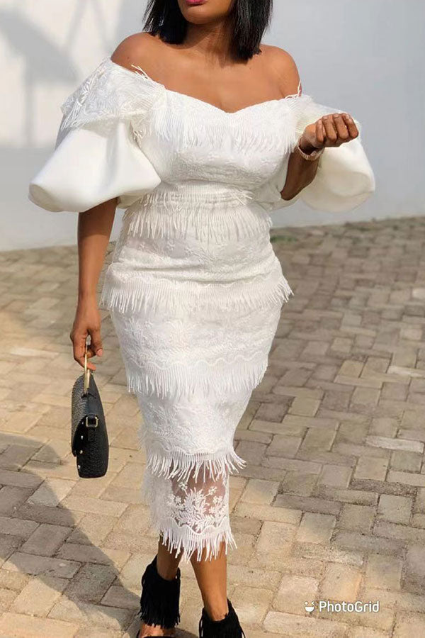 Elegant Puff Sleeve Paneled Midi Dress