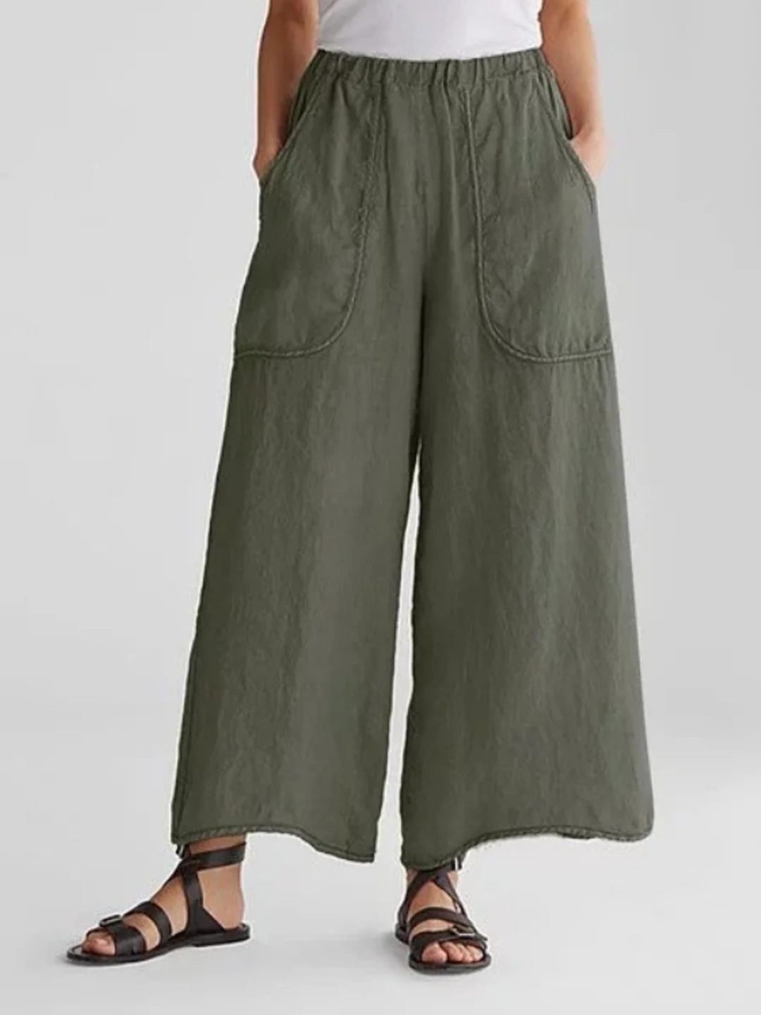 Pocketed Cotton Linen Pants Wide-Legged Mid-Waist Casual Pants