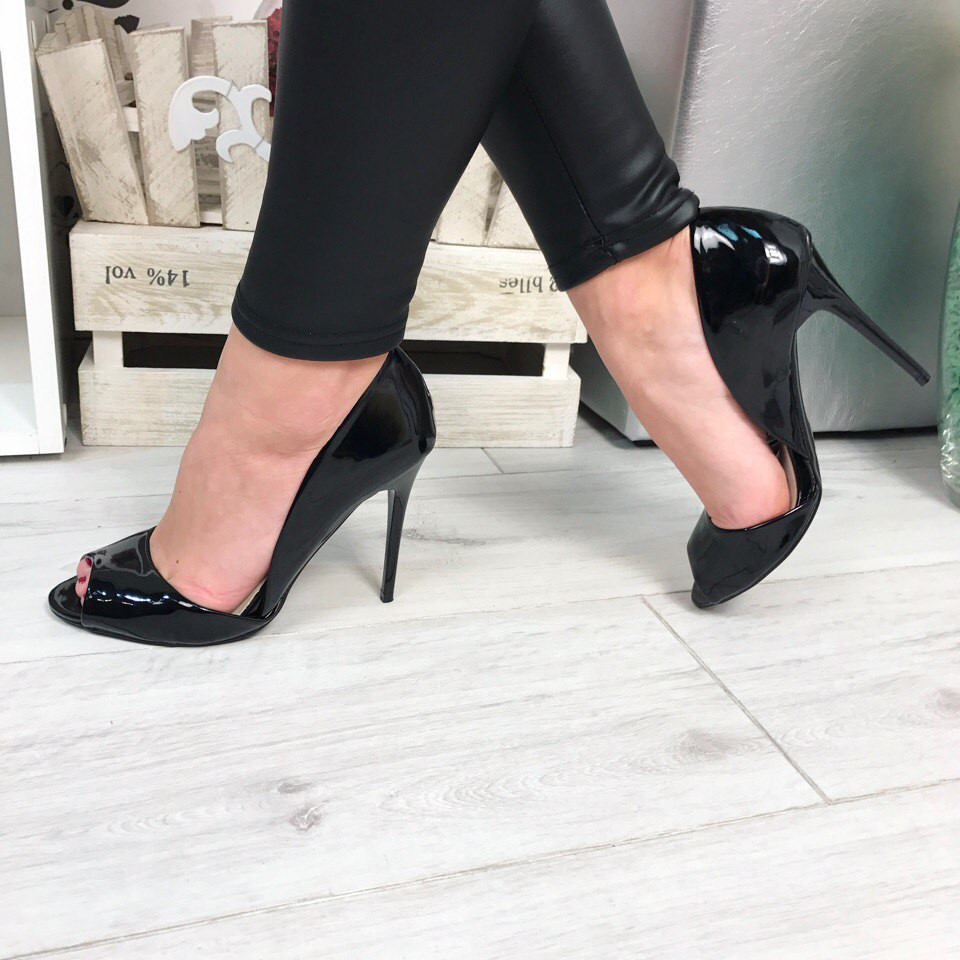 Black Patent Leather Peep Toe Heels Stiletto Heel Double D'orsay Pumps |FSJshoes