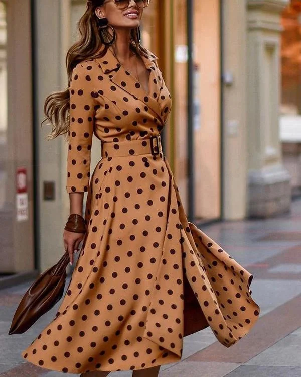 Lapel Print Knee-Length Three-Quarter Sleeve Fall Women's Dress