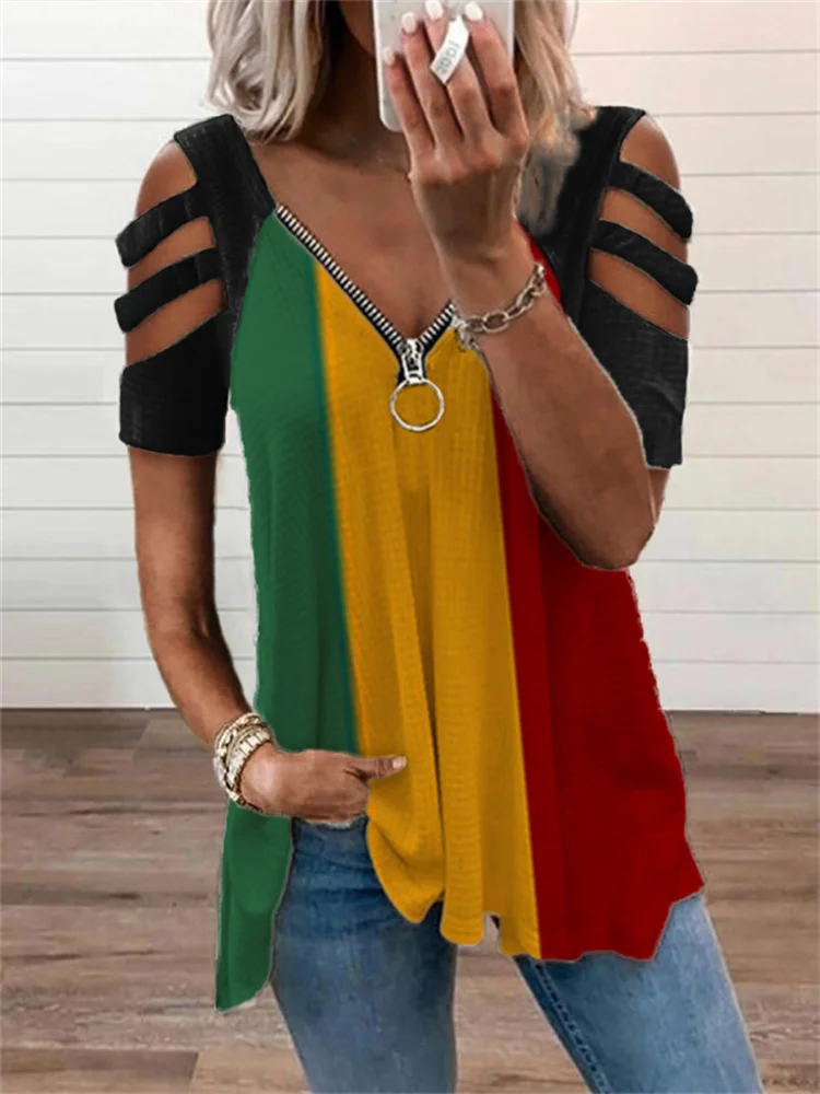 Black Pride Colorblock Hollow Shoulder T Shirt
