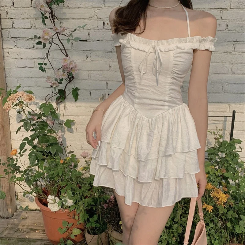 uforever21 2023 Summer Kawaii Party Strap Dress Women Casual Holiday Beach  Mini  Dress Designer Ruffles Sweet Princess Fairy Dress Y2K