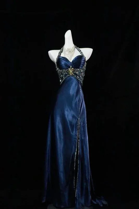 Lussooy Exquisite Dark Navy Halter V Neck Sleeveless Prom Dress with Sequins