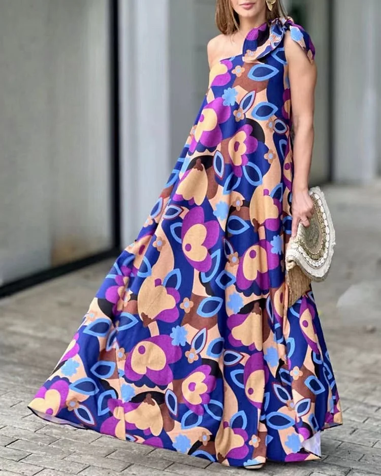 Casual One Shoulder Print Loose Dress