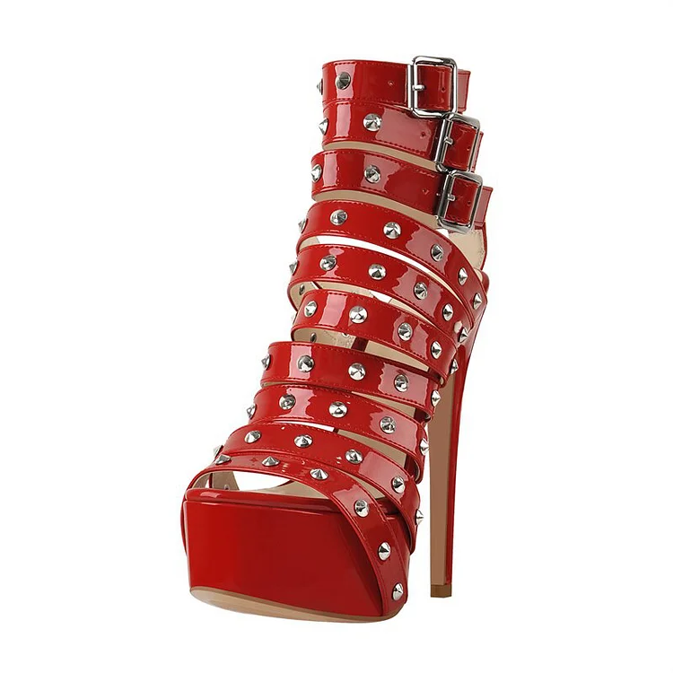 Elegant Red Strappy Sandal Women'S Open Toe Platform High Heels Evening Rivets Stilettos |FSJ Shoes