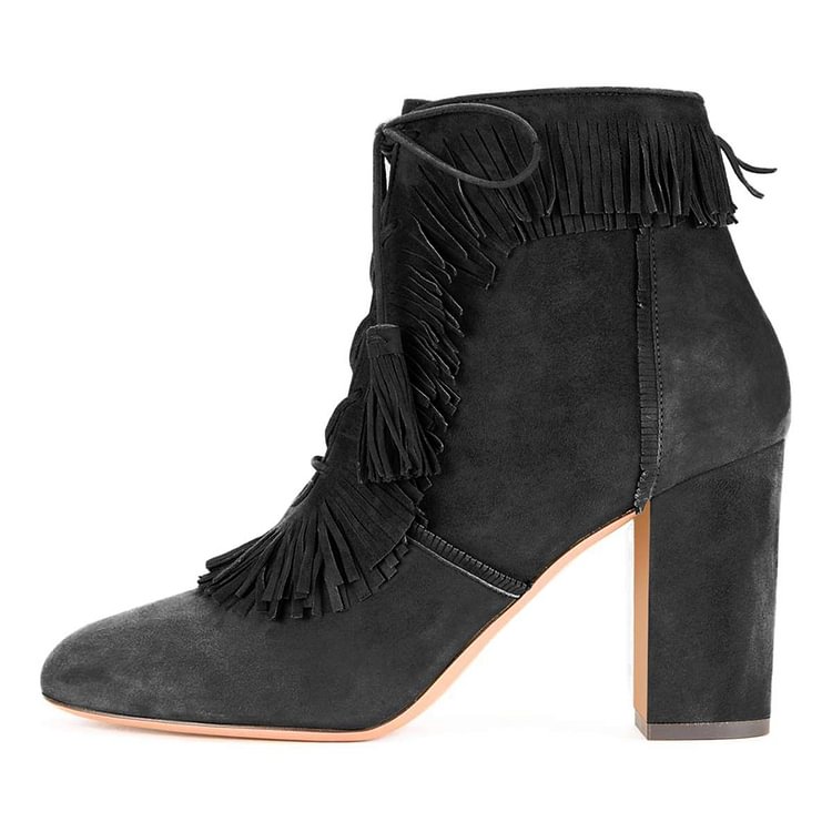 Grey Suede Chunky Heel Lace Up Tassel Fringe Boots |FSJ Shoes