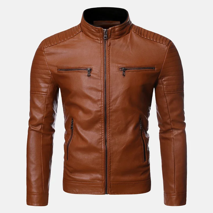 Men's Fashion Stand Collar Zipper PU Leather Long Sleeve Jackets