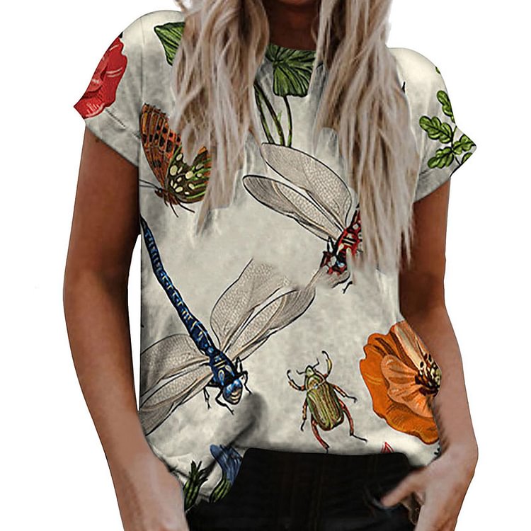 Vintage Crew Neck Dragonfly Print T-Shirt