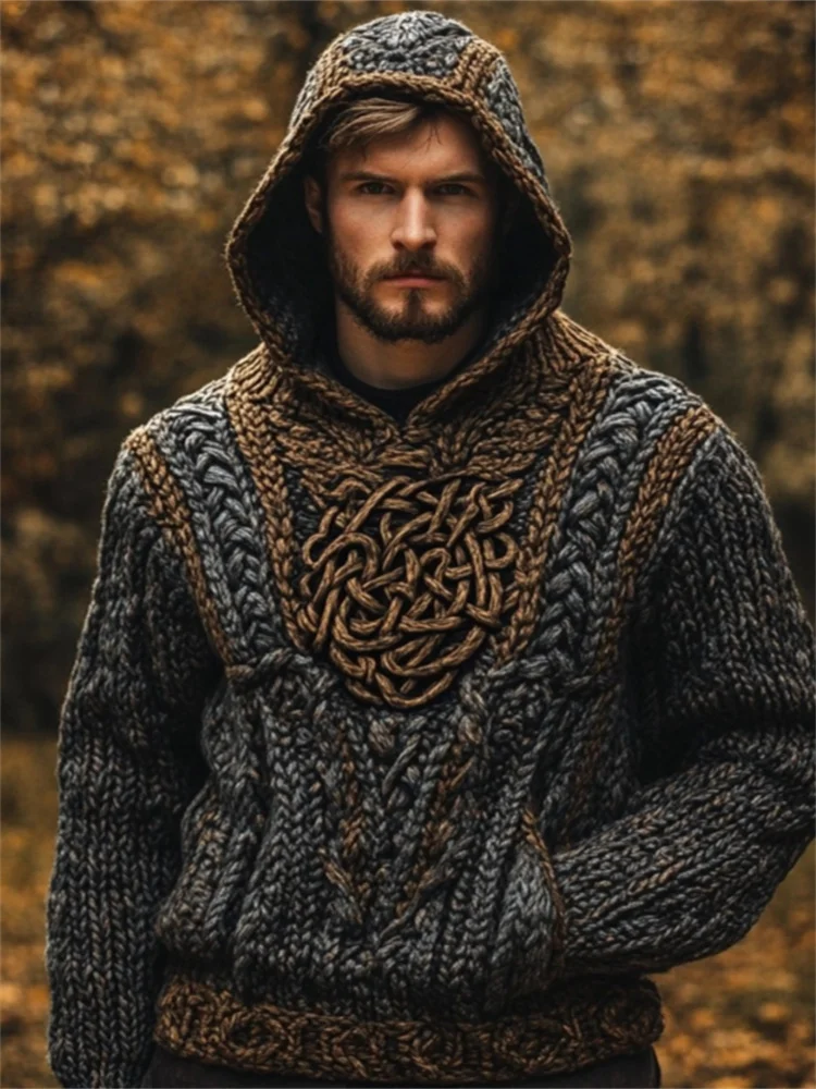 Men's Viking Medieval Celtic Contrast Chunky Hooded Sweater