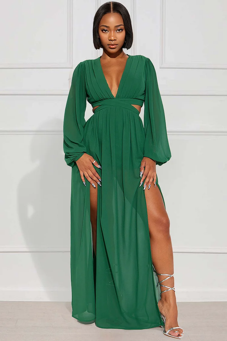 Deep V Neck Long Sleeve Pleated High Slit Cut Out Elegant Party Maxi Dresses-Green [Pre Order]