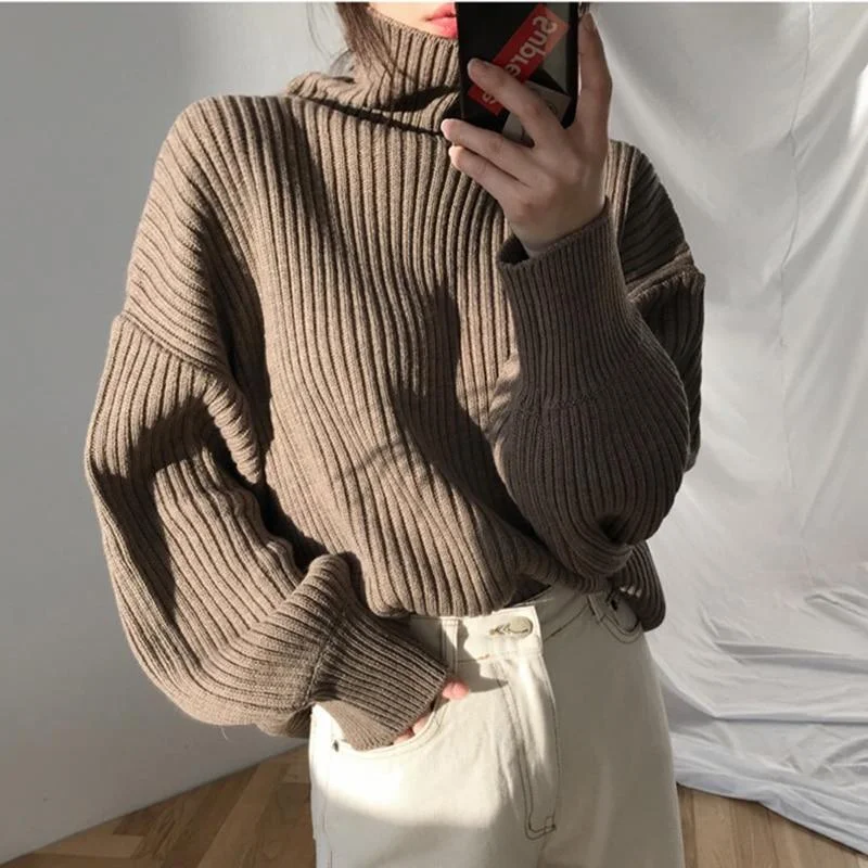 AOSSVIAO Vintage Thicken Striped Women Sweaters Autumn Winter Turtleneck Pullovers Jumpers Female Korean Knitted Tops femme