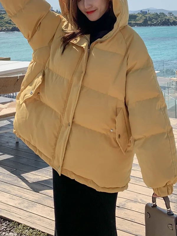 Women Solid Color Hooded Padded Coat