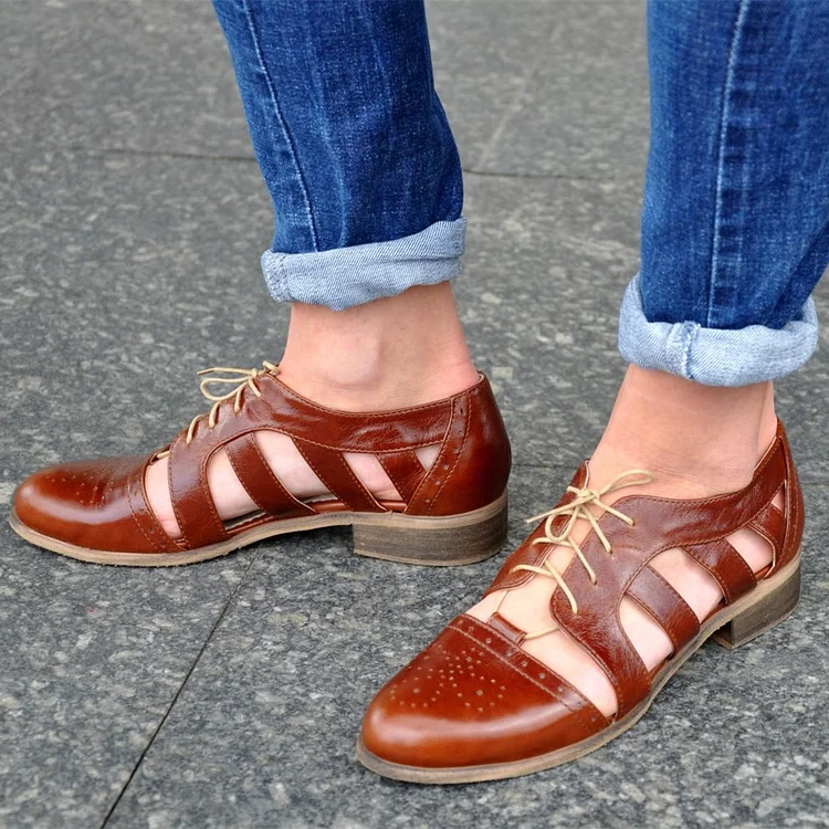 Brown Vintage Shoes Round Toe Cut-Out Lace Up Women's Oxfords |FSJ Shoes