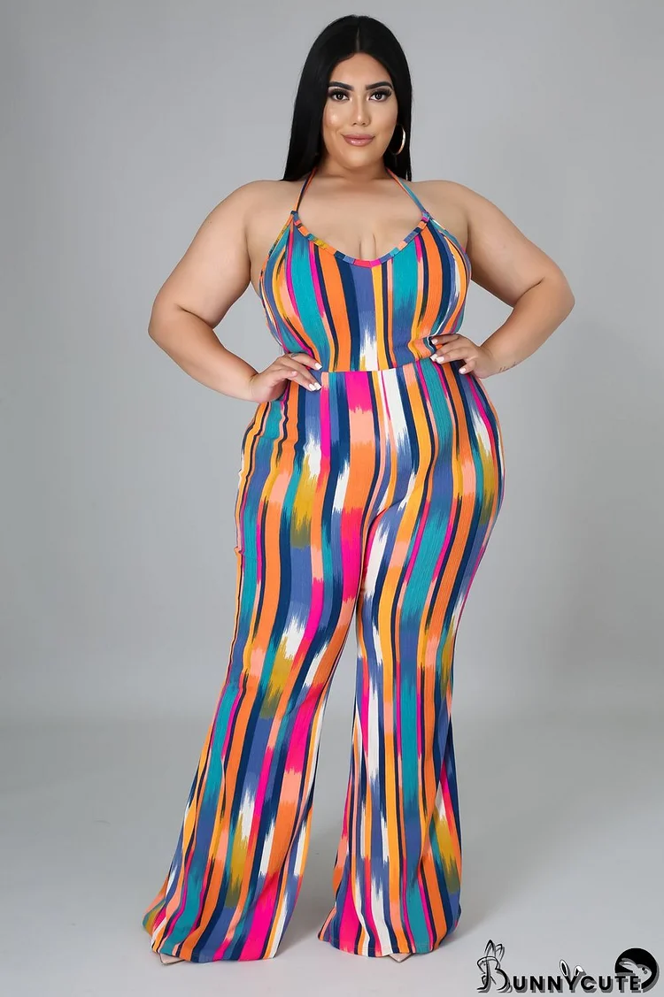 Plus Size Women's Fashion Printed Straps Striped Loose Jumpsuit
