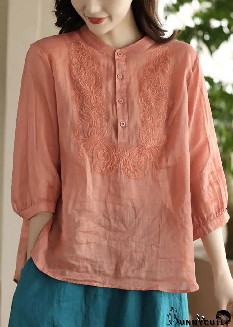 Women Orange Stand Collar Embroideried Floral Shirt Long Sleeve