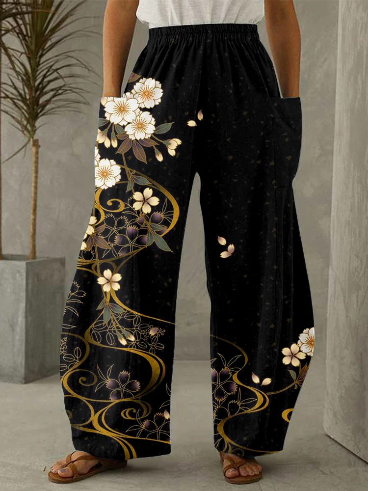 Comstylish Japanese Cherry Blossoms Art Wide Leg Casual Pants