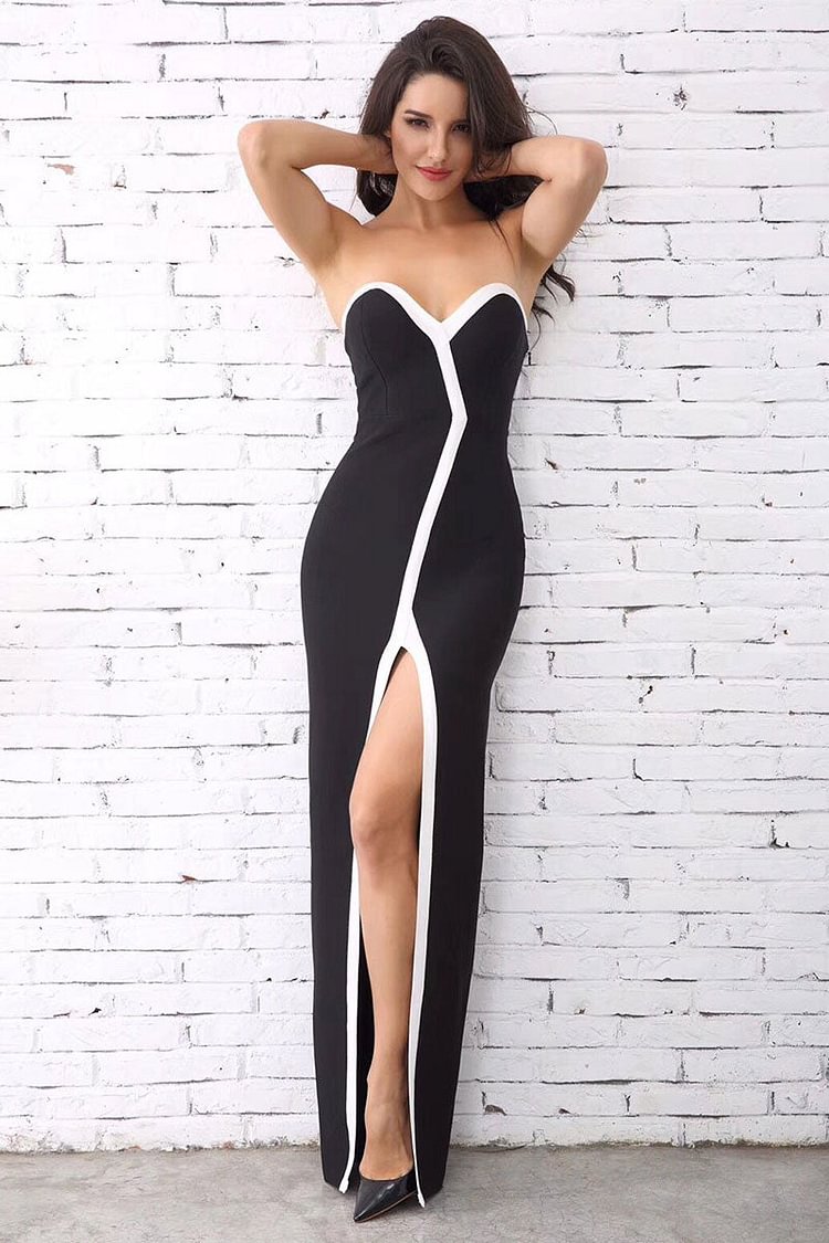 Strapless Thigh-high Slit Black Sheath Bandage Dress - BlackFridayBuys