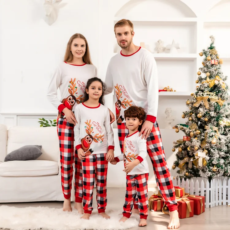 Merry Christmas Reindeer Pint Plaids Family Matching Pajamas Sets
