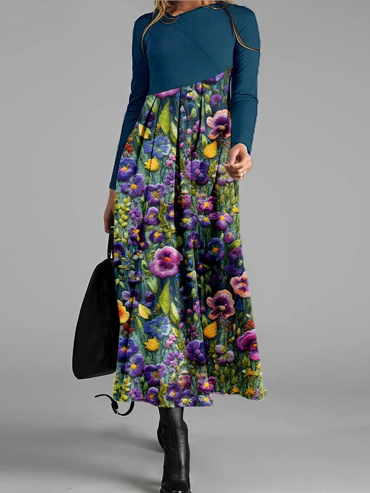 VChics Violet Wildflower Embroidery Art Cozy Pleated Midi Dress