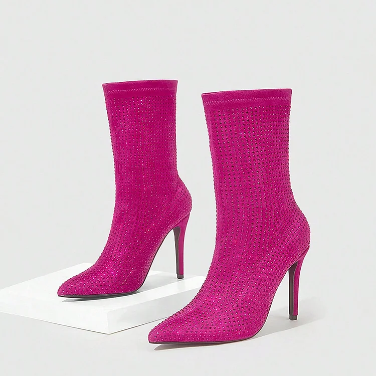 Fuchsia Pointed Toe Heeled Ankle Boots Fashion Rhinestone Booties |FSJ Shoes