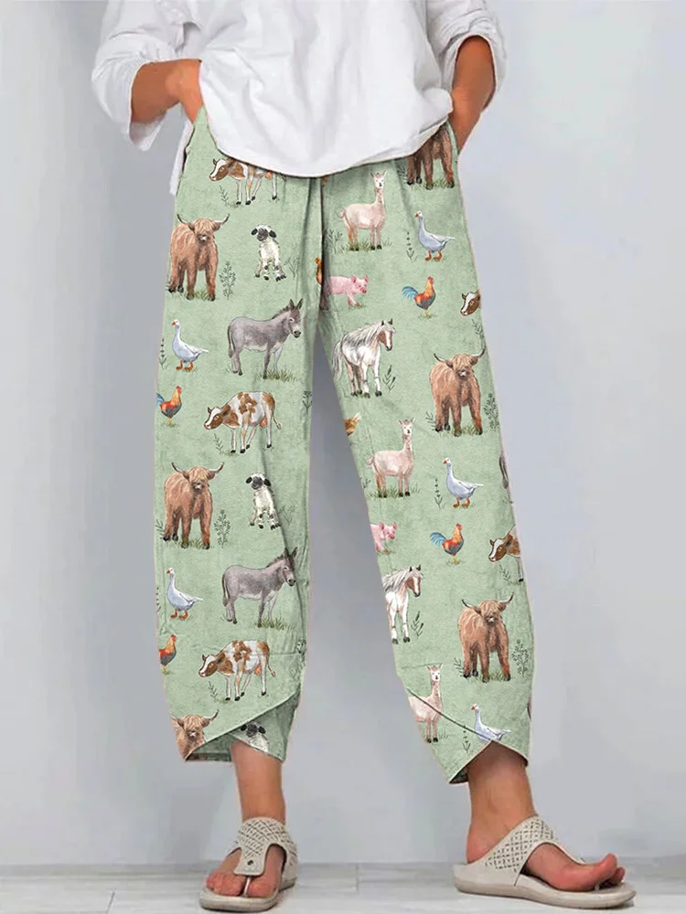Comstylish Farm Animals Print Linen Blend Casual Pants