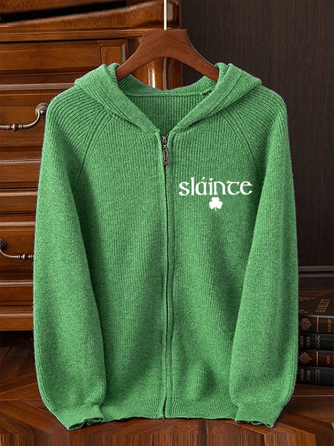 Men's St. Patrick's Day Shamrock Print Zip Up Hooded Knit Jacket