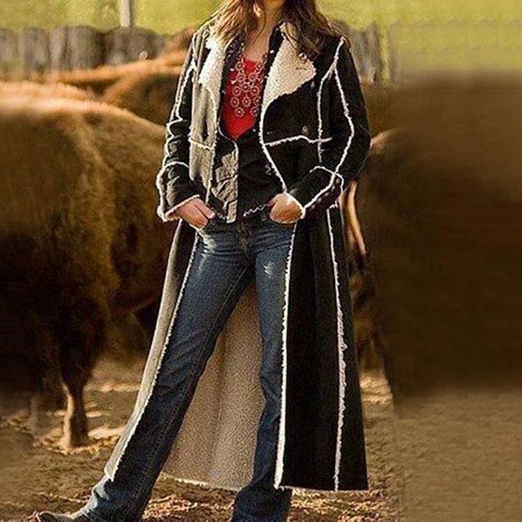 Lapel Long Plush Patchwork Trench Coat
