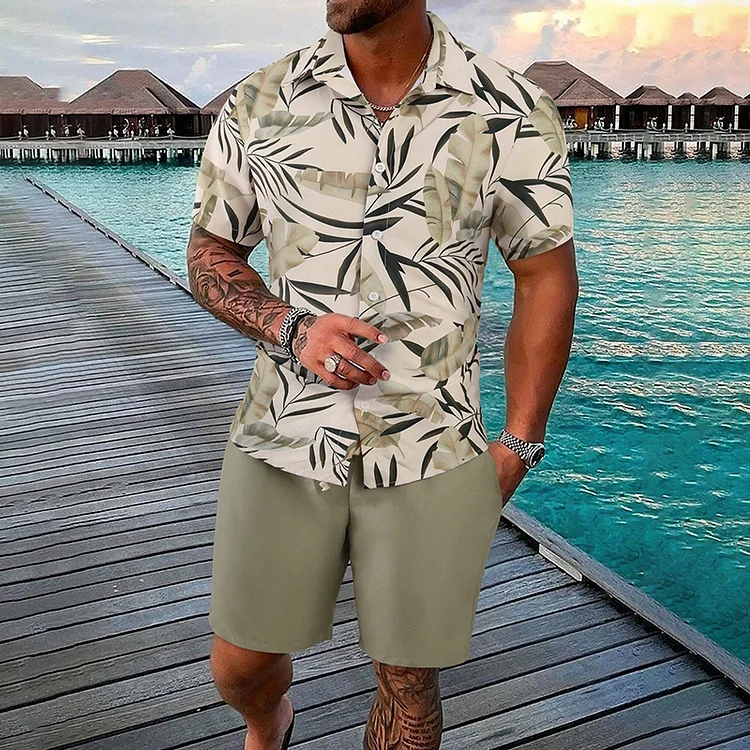 Comstylish Hawaiian Vacation Tropical Print Shirt Short Sleeved Two Piece Set