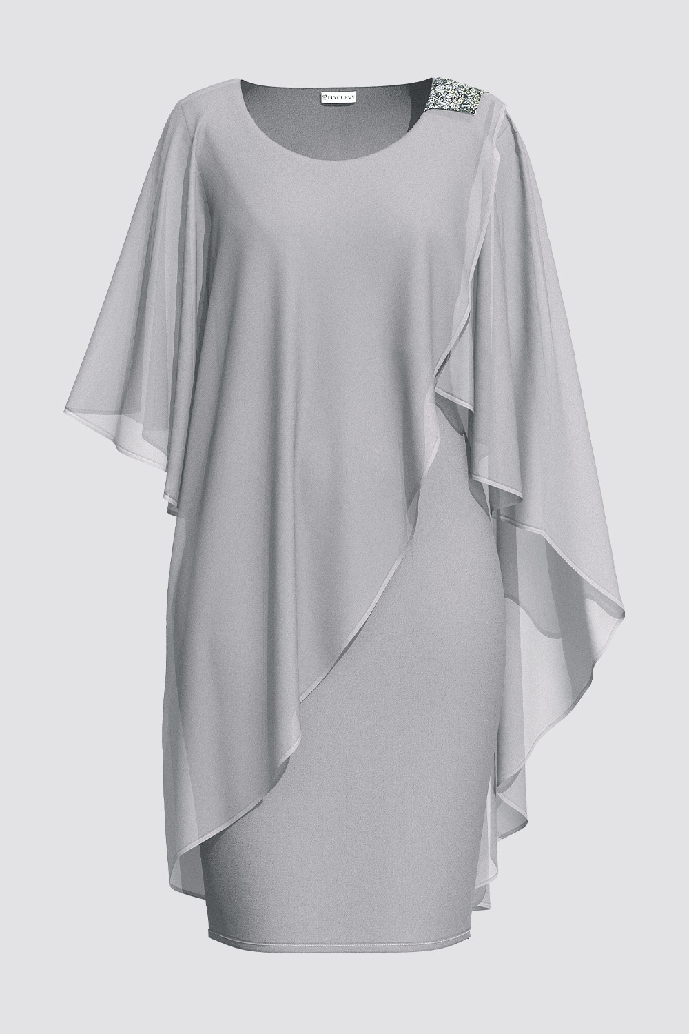 Flycurvy Plus Size Formal Grey Chiffon Asymmetrical Double Layered