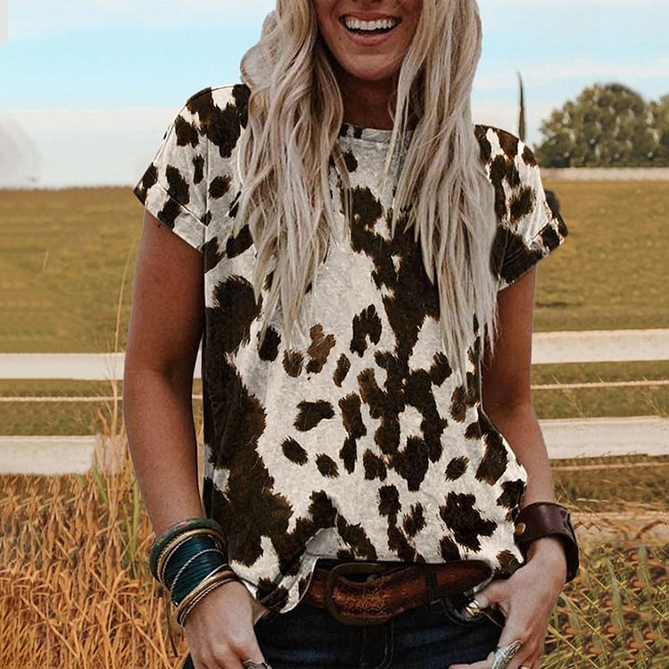 Vefave Vintage Leopard Print Crew Neck Short Sleeve T-Shirt