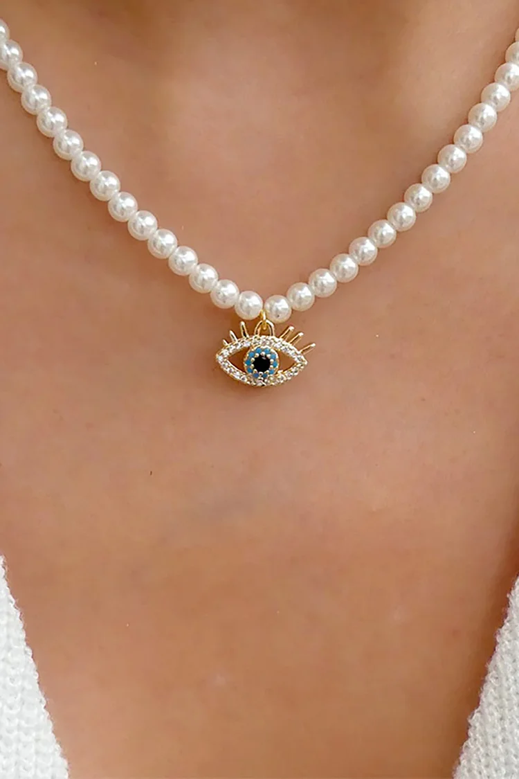 Fashionable Devil's Eye Pendant Pearls Necklace-White