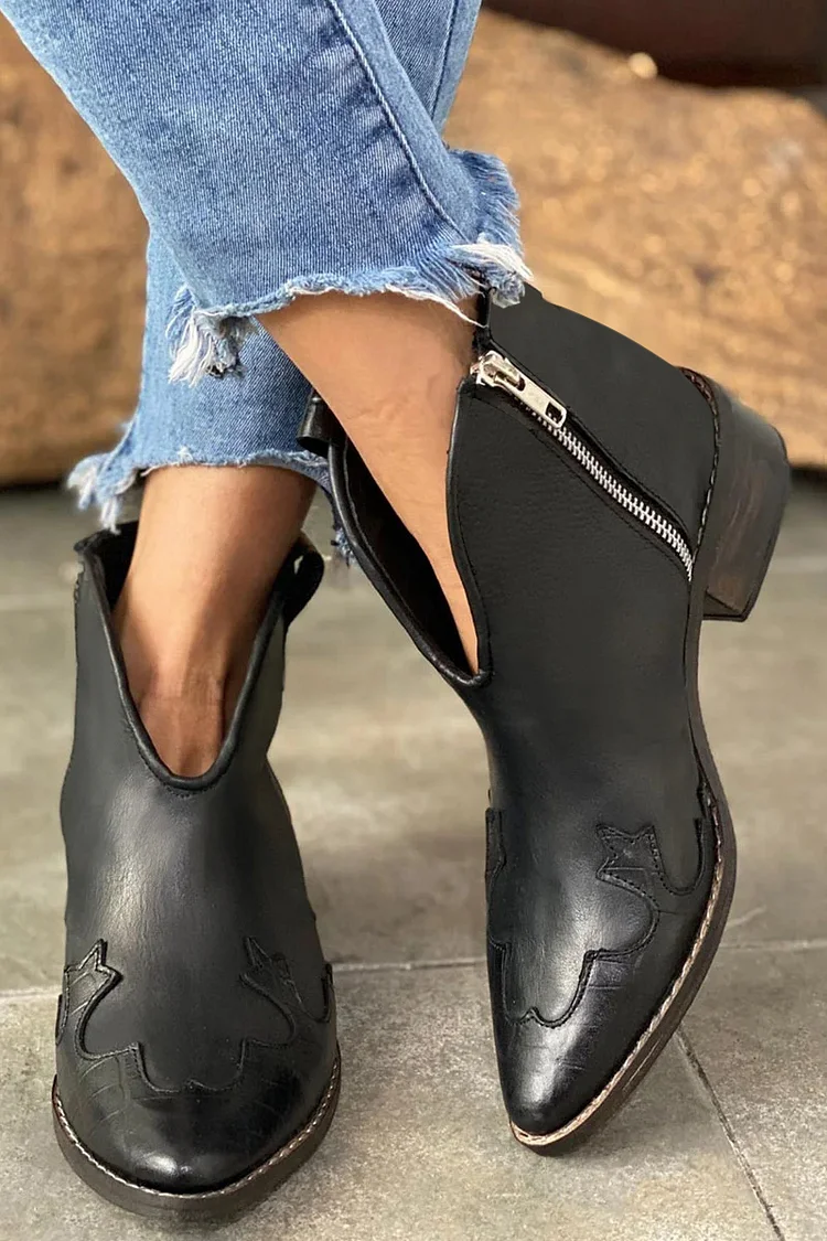 Stitching V Cut Pointy Toe Zipper Black Ankle Boots