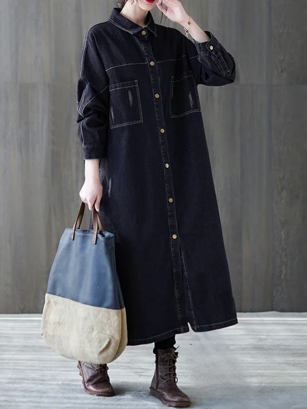 Women Loose Old Solid Color Shirt Dress