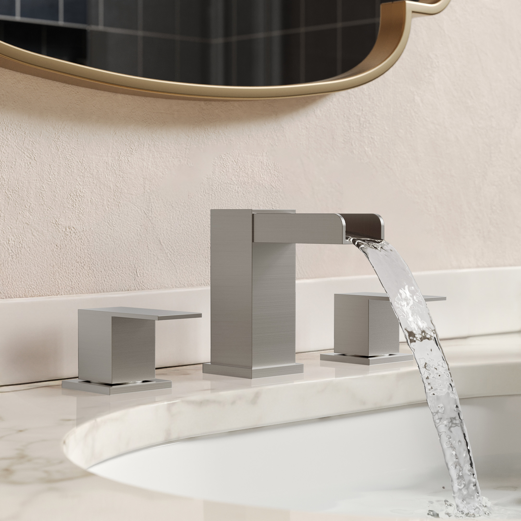 GRANDJOY Brushed Nickel Widespread 2-Handle Waterfall Bathroom Sink Faucet with Drain 3 Hole