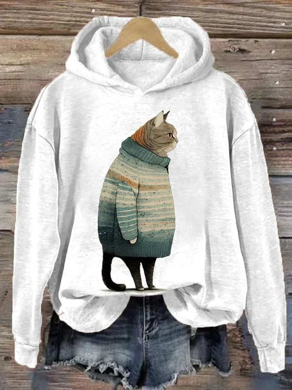 Women's Winter Cat Print Casual Hooded Sweatshirt