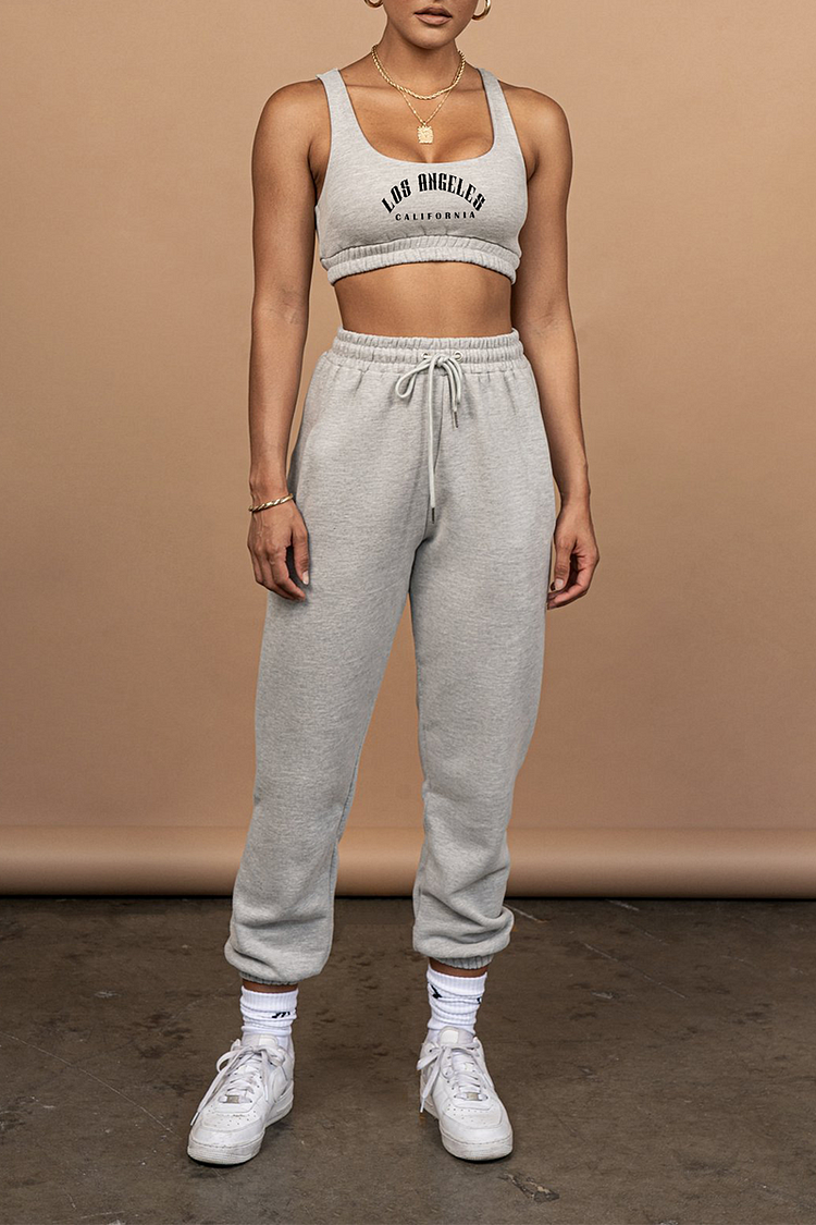 Grey Sportswear Print Patchwork U Neck Sleeveless Two Pieces
