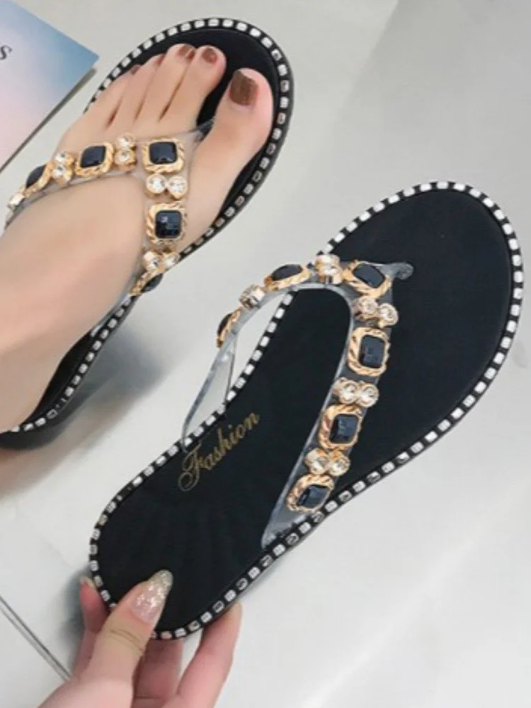 Casual Pearl Decoration Black Slippers P10561
